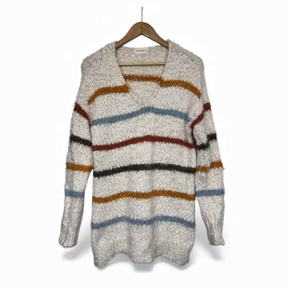 The Nines Bouclé Stripe Sweater Soft V-Neck Knit Women's M